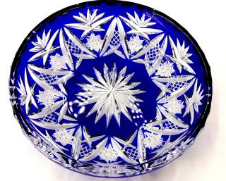 Antique Bohemian Crystal Cut To Clear Cobalt Blue Bowl