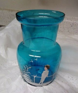 Antique Bohemian Mary Gregory Double Fired Turquoise Vase Little Boy Blown 1870s 2