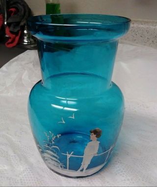 Antique Bohemian Mary Gregory Double Fired Turquoise Vase Little Boy Blown 1870s 3