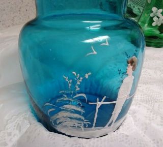 Antique Bohemian Mary Gregory Double Fired Turquoise Vase Little Boy Blown 1870s 7