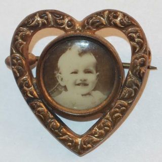 Antique Victorian Sepia Photo Smiling Baby Repousse Heart Shape Frame Brooch Pin