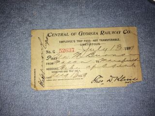 Rare Antique Rr Central Railroad Of Georgia Employee Pass Ticket 1899 Southern