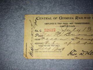 Rare antique RR central railroad Of Georgia Employee pass ticket 1899 southern 2
