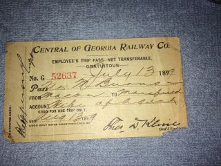 Rare antique RR central railroad Of Georgia Employee pass ticket 1899 southern 3