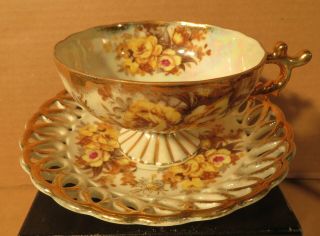 Crown China Iridescent Hand Painted Yellow Roses Footed Teacup & Saucer/ Japan