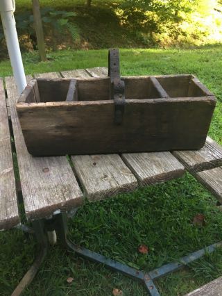 Primitive Antique Early Divided Leather Strap Wood Tool Box Tote Carrier Basket