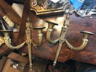 Antique Pair French Neo - Classical Brass Two Socket Wall Sconces
