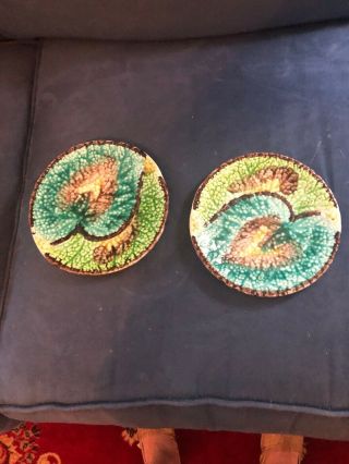 Antique Majolica Colorful Leaf Plate 7/1/2 " Marked Art Pottery Pair