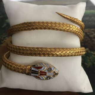 Antique 1800 Circa Victorian Mesh Weaved 14k Gold Enamel Long Snake Bracelet