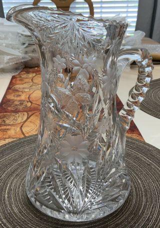 Antique Cut Lead Crystal Pitcher,  Frosted Flowers And Butterflies