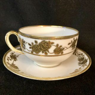 Antique Nippon Rare Hand Painted With Raised Gold Tea Cup And Saucer