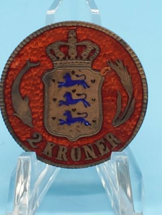 Antique 1875 Dated 2 Kroner Coin Enameled Front Was Changed To A Brooch