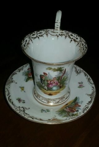 Antique Dresden Hand - Painted Gilded Gold Floral/figural Cup And Saucer -
