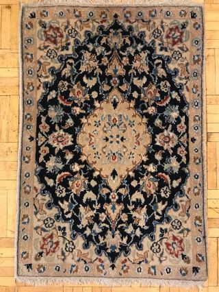Fine Hand Made Silk & Wool Nain Persian Rug,  Navy Bedroom Carpet (2ft X 1ft)