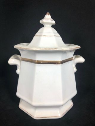 Antique Ironstone Lidded Sugar Bowl Octagonal Shape White W/ Gold Bands 7l