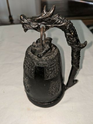 Solid Bronze Oriental Bell On A Stand With Dragon