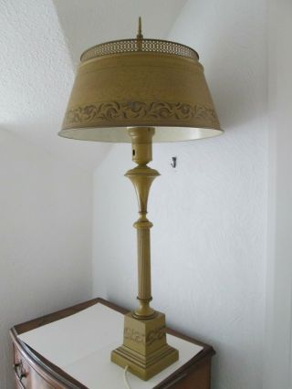 Deco/1930s ? Table Lamp With,  Metal Shade And Cast Base,  Pale Mustard.