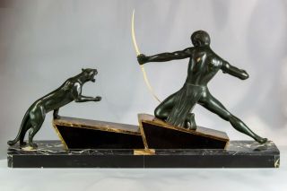 1930 ART DECO BRONZE STATUE SCULPTURE ARCHER AND PANTHER BY HUGONNET.  SIGNED 10