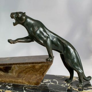 1930 ART DECO BRONZE STATUE SCULPTURE ARCHER AND PANTHER BY HUGONNET.  SIGNED 3