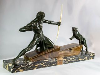1930 ART DECO BRONZE STATUE SCULPTURE ARCHER AND PANTHER BY HUGONNET.  SIGNED 5