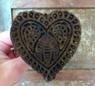 Beautifully Carved Primitive Wood Heart W Paisley Design Butter Mold Stamp Press