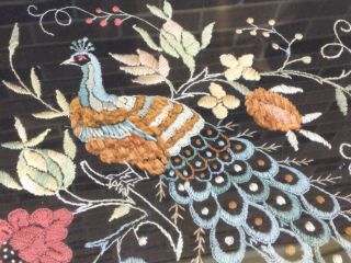 Antique Peacock & Flowers Needlepoint Embroidery On Velvet Gold Frame Lovely