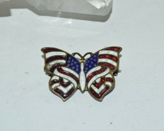 Antique Victorian Red White Blue Enamel American Flag Butterfly Pin Brooch
