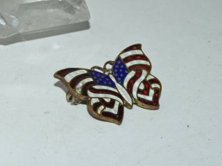 Antique Victorian Red White Blue Enamel American Flag Butterfly Pin Brooch 2