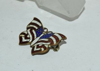 Antique Victorian Red White Blue Enamel American Flag Butterfly Pin Brooch 3