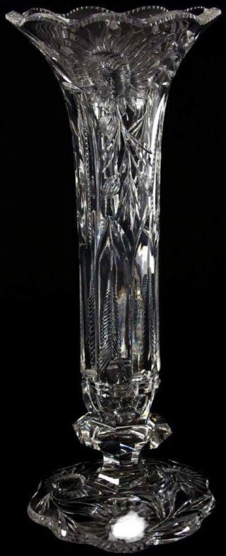 Rare Antique Superior Heavy 20” Signed Hawkes Gravic Tall Cut Glass Iris Vase