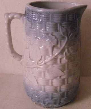 Antique Blue & White Salt Glaze Stoneware Pitcher Jug Basketweave W/flowers
