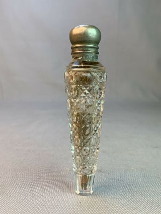 Antique Cut Crystal Glass Perfume Scent Bottle Silver Plate Cap Top Tapered