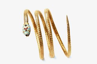 Antique Victorian Coiled Woven 14k Gold & Enamel Serpent Snake Bracelet Arm Cuff