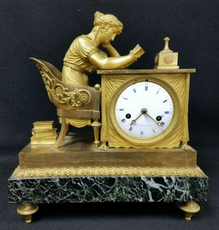 Antique French Empire Mesnil Porcelain Face Fire Gilt Bronze Clock Marble Base