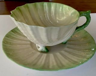 Belleek Antique Neptune Tea Cup & Saucer With Shell Feet C.  1891 Made In Ireland