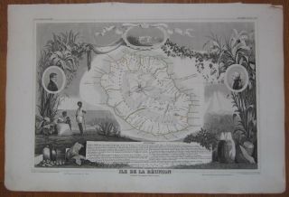 Levasseur: Large Decorative Map Of Reunion - 1854