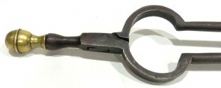 GREAT ANTIQUE BLACKSMITH FORGED WROUGHT IRON FIREPLACE EMBER LOG TONGS BRASS TOP 6