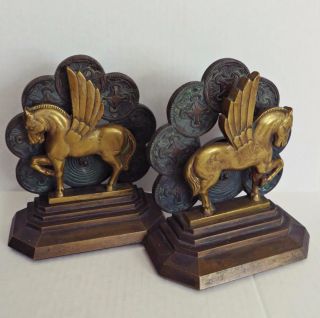 Antique 1920s JACKSON CO Bronze Pegasus Flying Winged Horse Bookends Statue RARE 2