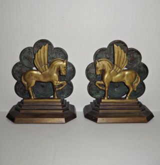 Antique 1920s JACKSON CO Bronze Pegasus Flying Winged Horse Bookends Statue RARE 4