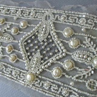 Antique Net Lace Trim Hand Sewn Pearls,  Tiny Glass Tube Beads 4 " X 26 " Dolls