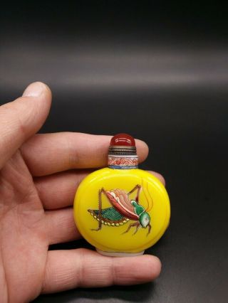 Chinese Top - Grade Yellow Colored Glass Handmade Cicada Ancient Snuff Bottle