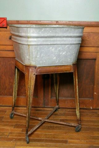 Vintage Rustic Galvanized Wash Tub W/ Stand Square Old Farm Country Decor