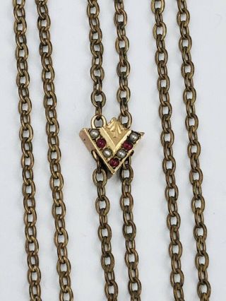 Antique Victorian Gold Filled Watch Chain Necklace W/seed Pearl Red Stones Slide