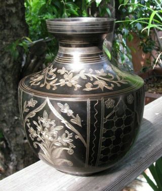 Antique Bronze Or Brass Engraved Dark Patina 9 1/2 " Vase Japanese?