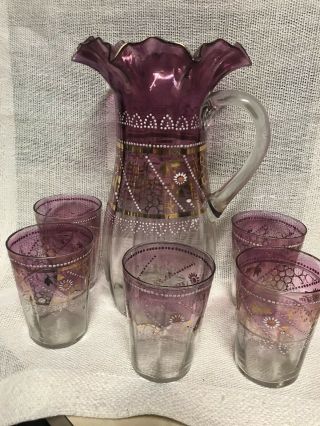 Antique Victorian Lemonade Set Blown Enameled Lavender Glass/tumblers Rare Color