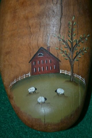 Primitive Folk Art Antique Shoe Last W/hand Painted Pastoral Scene Sheep House