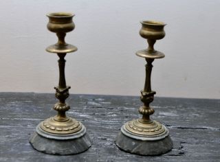 Pair 6 " Antique Art Nouveau Candlesticks Columnar Bronze Brass? Alabaster Marble