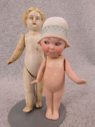 4 - 1/2 " Antique All Bisque Googly Doll W Molded Hat & 5 " Parian Bisque Doll " Tlc "