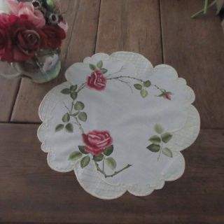 Glorious Antique Victorian ROSES Scrolls Society Silk Large Centerpiece DOILY 2