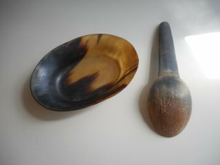 Late 18th To Early 19th C.  American Bovine Cow Horn Bowl & Spoon